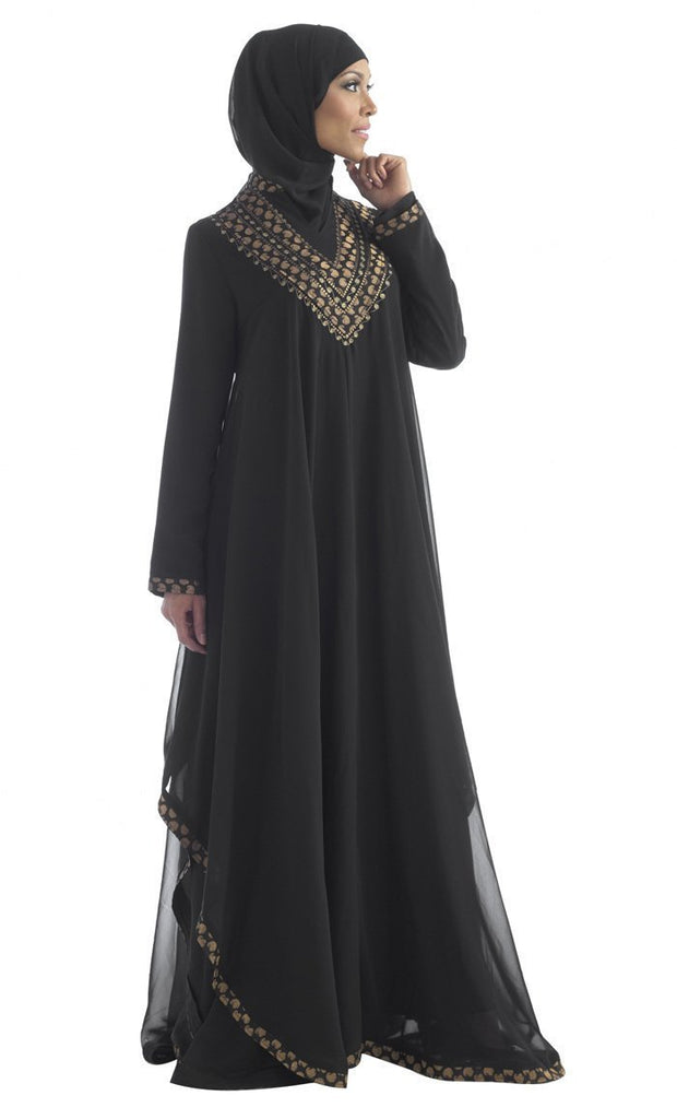 Golden Applique Work Double Layered Flared Abaya Dress - Final Sale - EastEssence.com