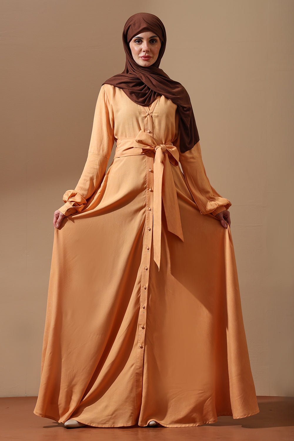 Golden Peach Belted Abaya with Balloon Sleeves - EastEssence.com