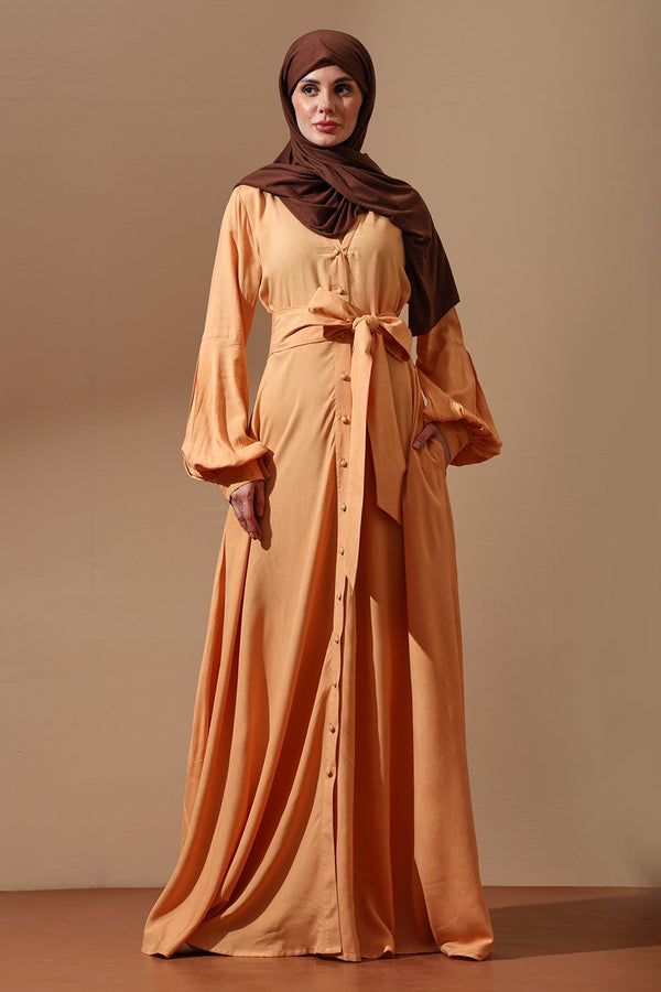 Golden Peach Belted Abaya with Balloon Sleeves - EastEssence.com