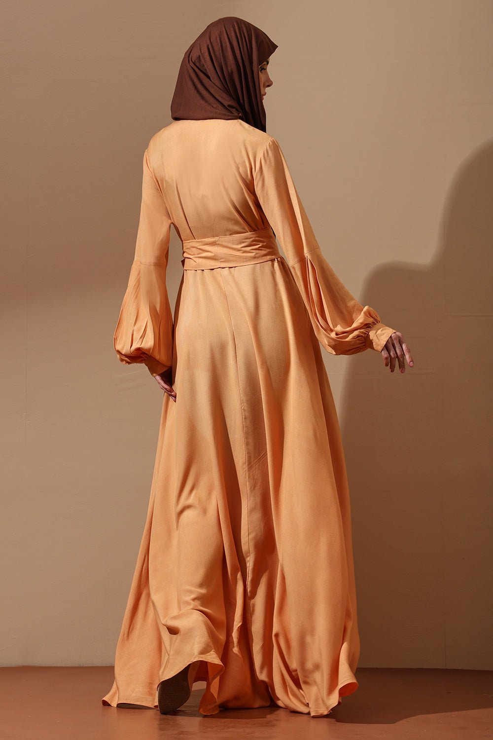 Golden Peach Belted Abaya with Balloon Sleeves - EastEssence.com