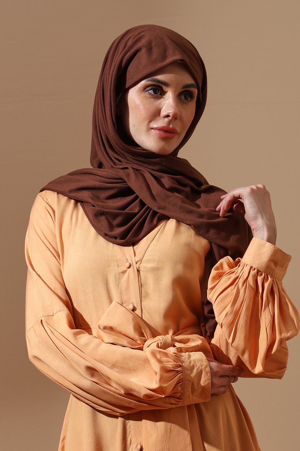 Golden Peach Belted Abaya with Balloon Sleeves - EastEssence.com