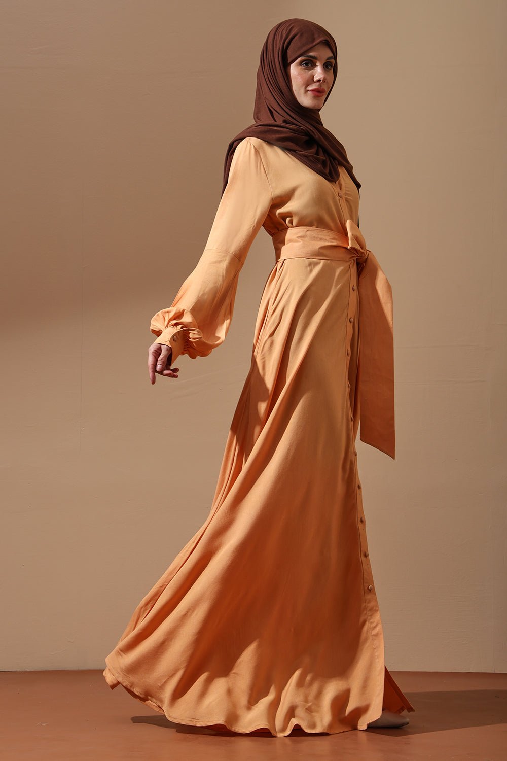 Golden Peach Belted Abaya with Balloon Sleeves - EastEssence.com
