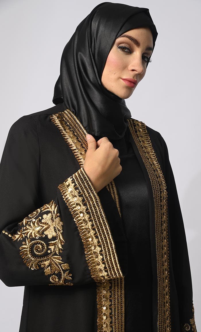 Golden Threads: Zari & Delicate Handwork Black Shrug with Lining - EastEssence.com