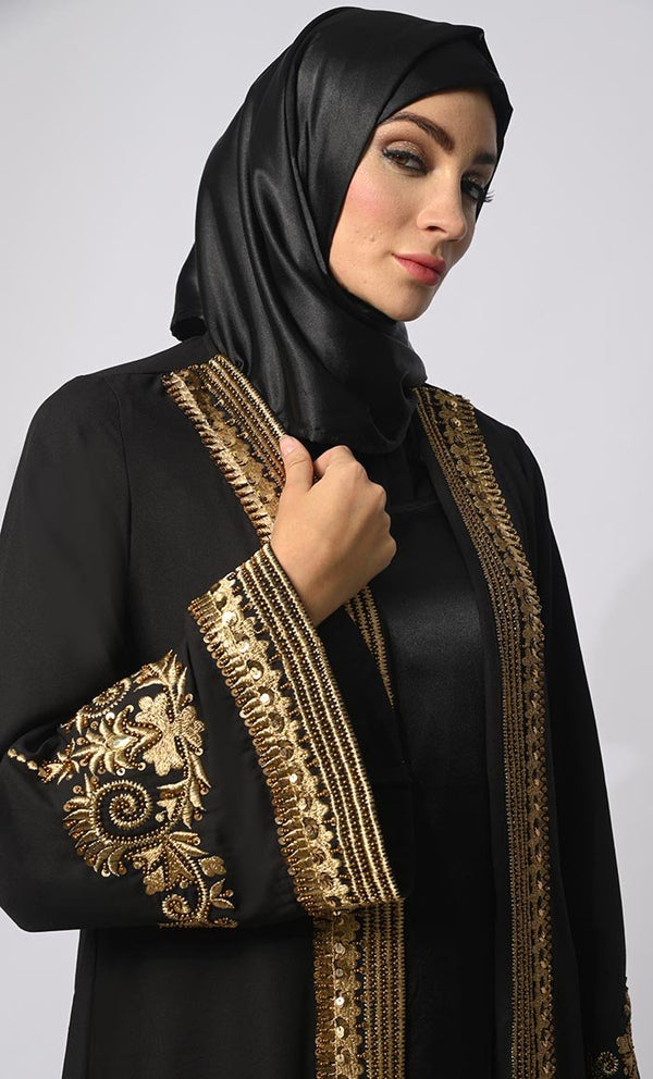 Golden Threads: Zari & Delicate Handwork Black Shrug with Lining - EastEssence.com