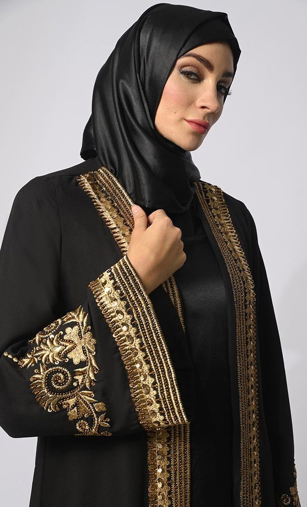 Golden Threads: Zari & Delicate Handwork Black Shrug with Lining - Final Sale - EastEssence.com