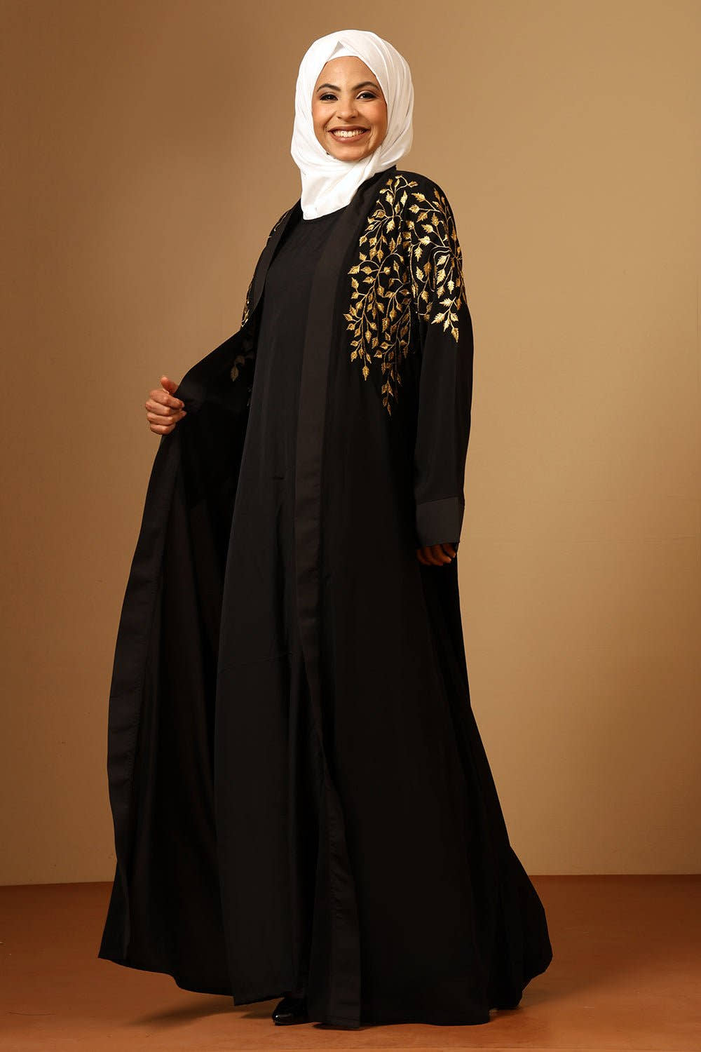 Golden Zari Embroidery front open two pc set Abaya - EastEssence.com