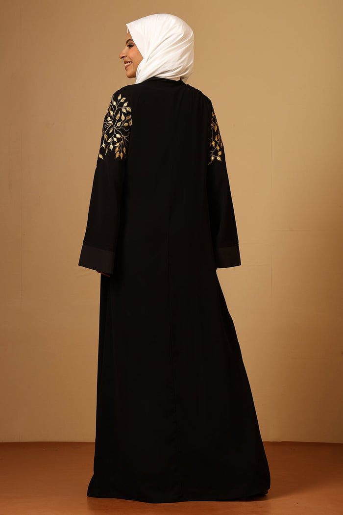 Golden Zari Embroidery front open two pc set Abaya