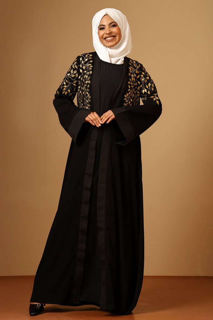 Golden Zari Embroidery front open two pc set Abaya