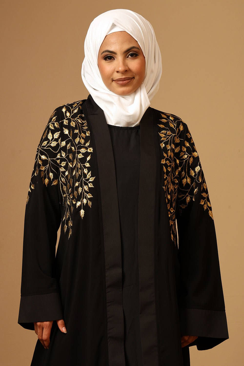 Golden Zari Embroidery front open two pc set Abaya - EastEssence.com