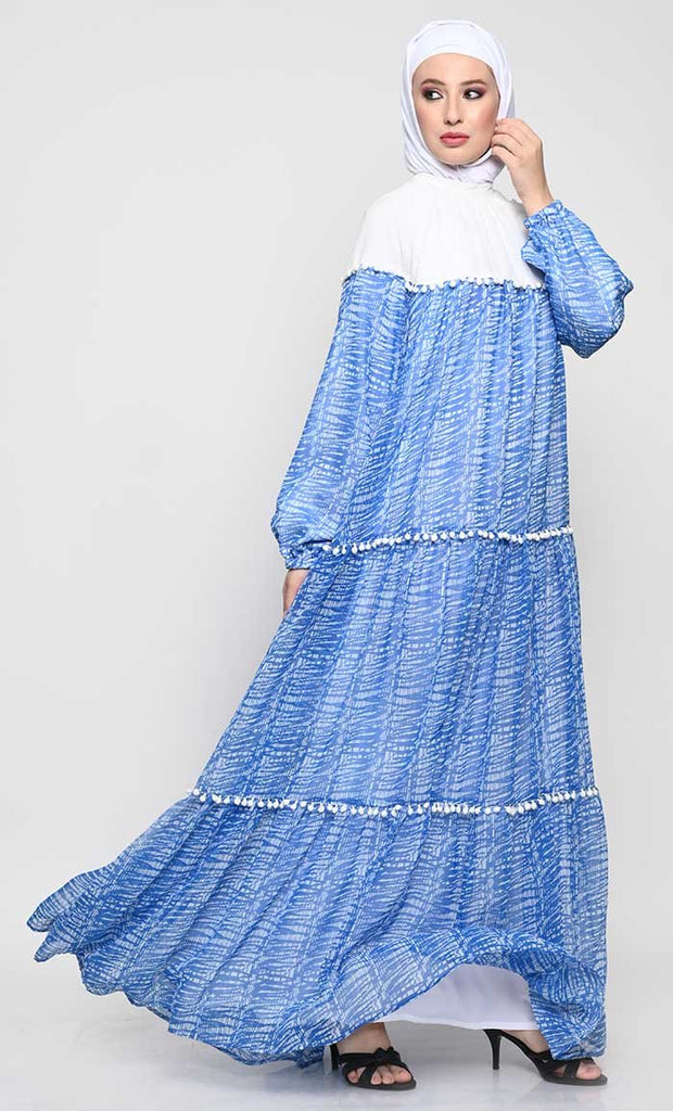 Graceful Chiffon Printed Abaya with Pom Pom Lace and Inner Lining - EastEssence.com