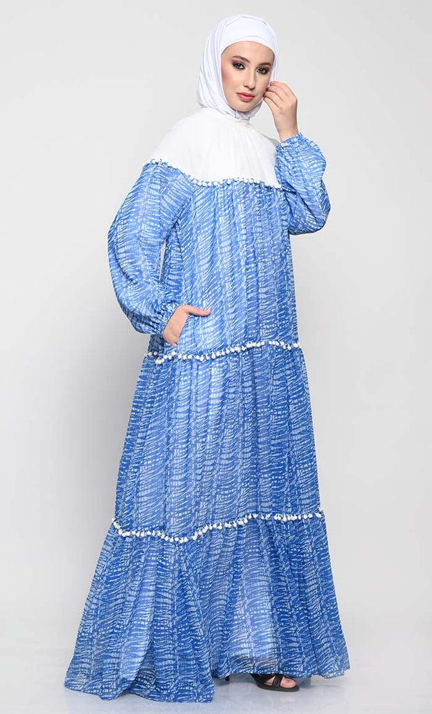 Graceful Chiffon Printed Abaya with Pom Pom Lace and Inner Lining - EastEssence.com