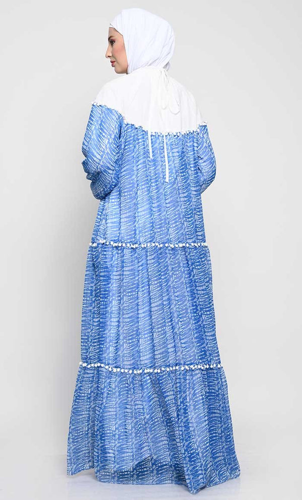 Graceful Chiffon Printed Abaya with Pom Pom Lace and Inner Lining - EastEssence.com