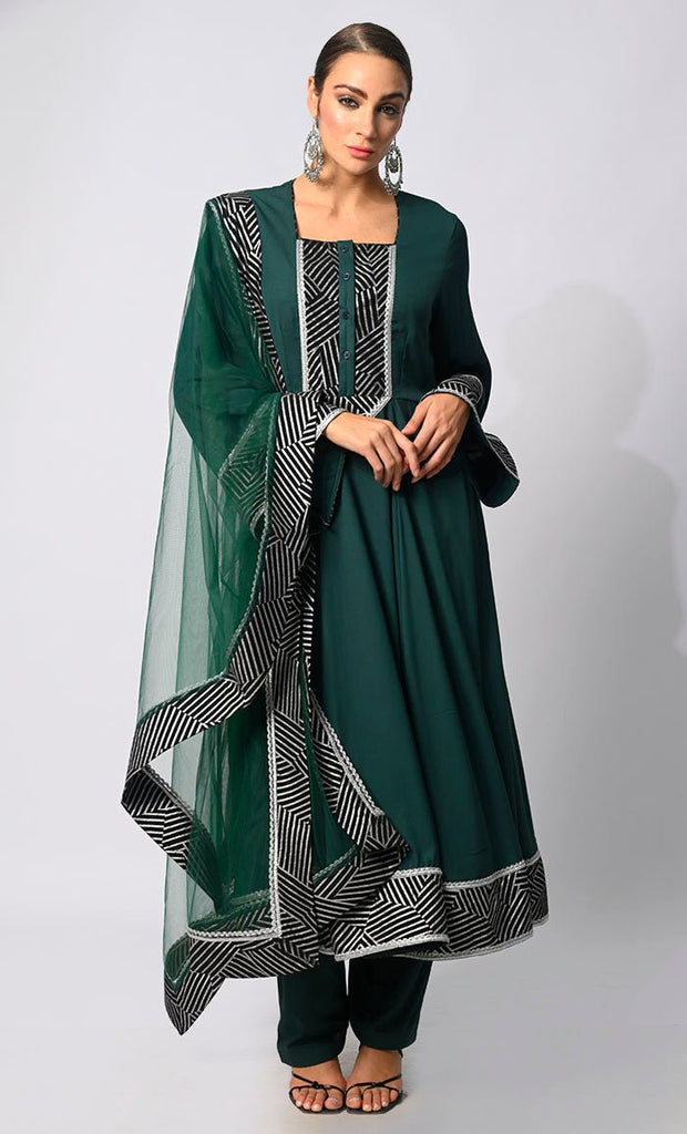 Graceful Glamour: 3 Pc Bottle Green Anarkali Set with Intricate Foil Print and Lace Detailing - Final Sale - EastEssence.com