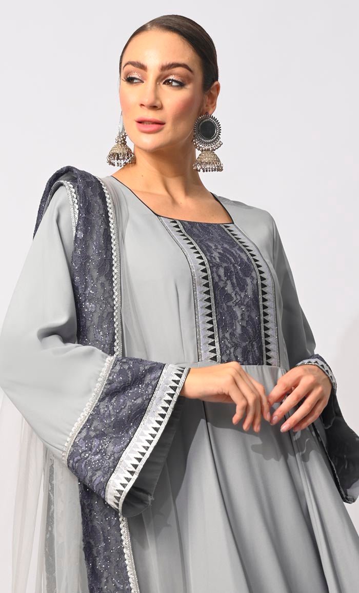 Graceful Glamour: 3 Pc Grey Anarkali Set with Intricate Foil Print and Lace Detailing - EastEssence.com