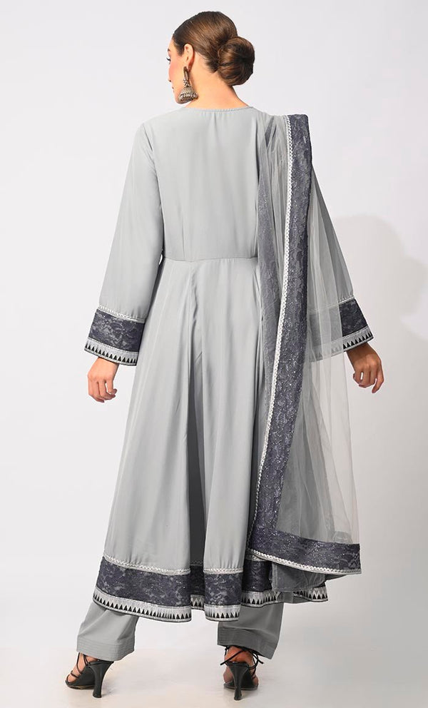 Graceful Glamour: 3 Pc Grey Anarkali Set with Intricate Foil Print and Lace Detailing - EastEssence.com