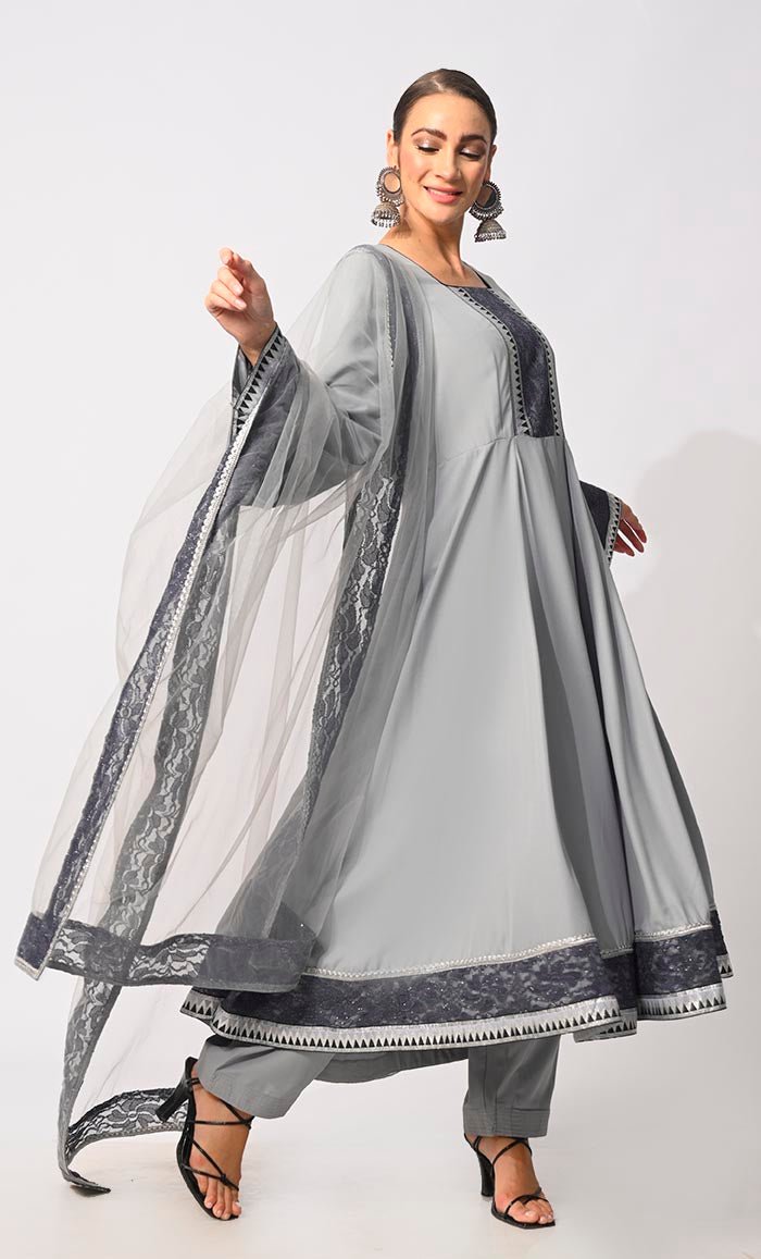 Graceful Glamour: 3 Pc Grey Anarkali Set with Intricate Foil Print and Lace Detailing - EastEssence.com