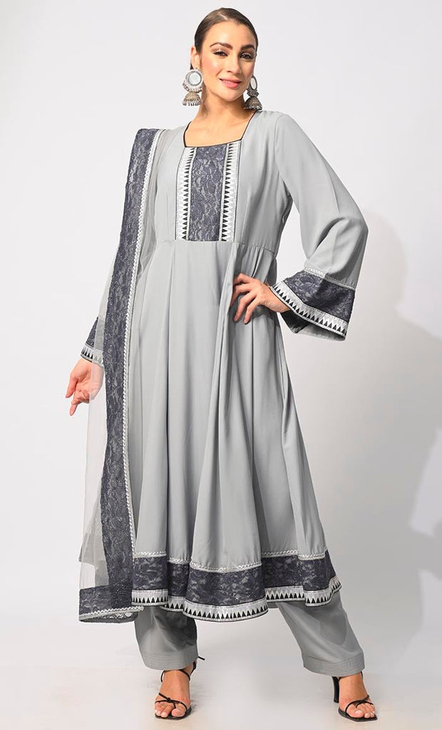 Graceful Glamour: 3 Pc Grey Anarkali Set with Intricate Foil Print and Lace Detailing - EastEssence.com