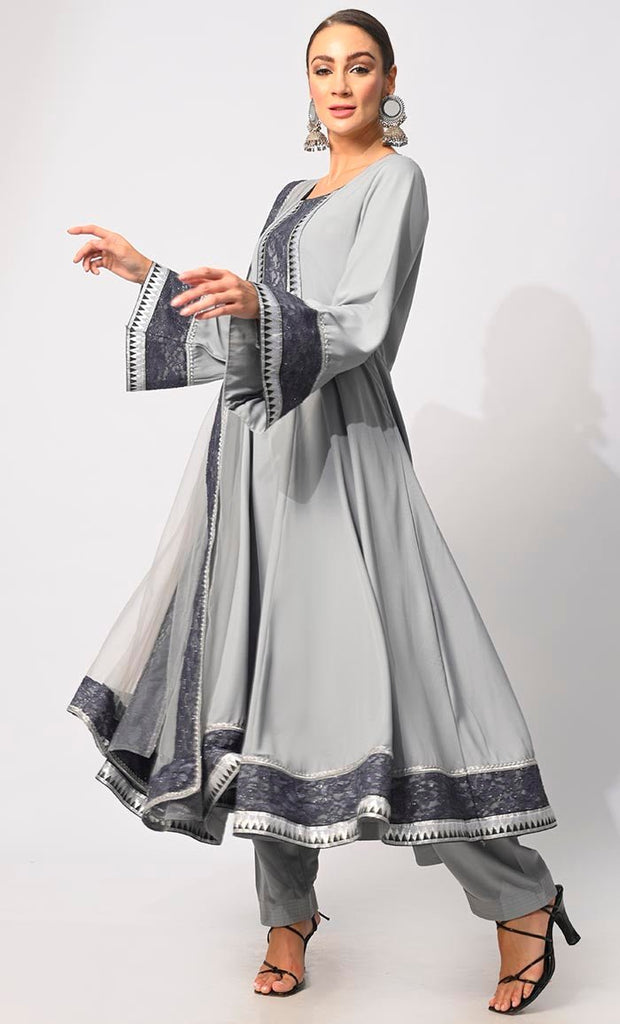 Graceful Glamour: 3 Pc Grey Anarkali Set with Intricate Foil Print and Lace Detailing - EastEssence.com