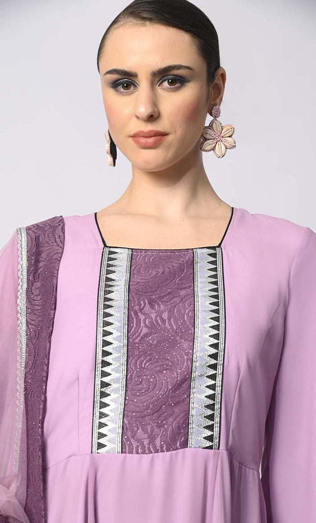 Graceful Glamour: 3 Pc Lavendar Anarkali Set with Intricate Foil Print and Lace Detailing - EastEssence.com