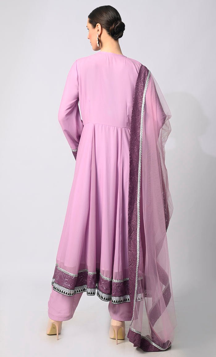 Graceful Glamour: 3 Pc Lavendar Anarkali Set with Intricate Foil Print and Lace Detailing - EastEssence.com