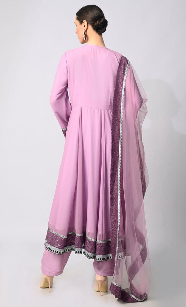 Graceful Glamour: 3 Pc Lavendar Anarkali Set with Intricate Foil Print and Lace Detailing - EastEssence.com