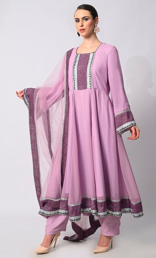 Graceful Glamour: 3 Pc Lavendar Anarkali Set with Intricate Foil Print and Lace Detailing - Final Sale - EastEssence.com