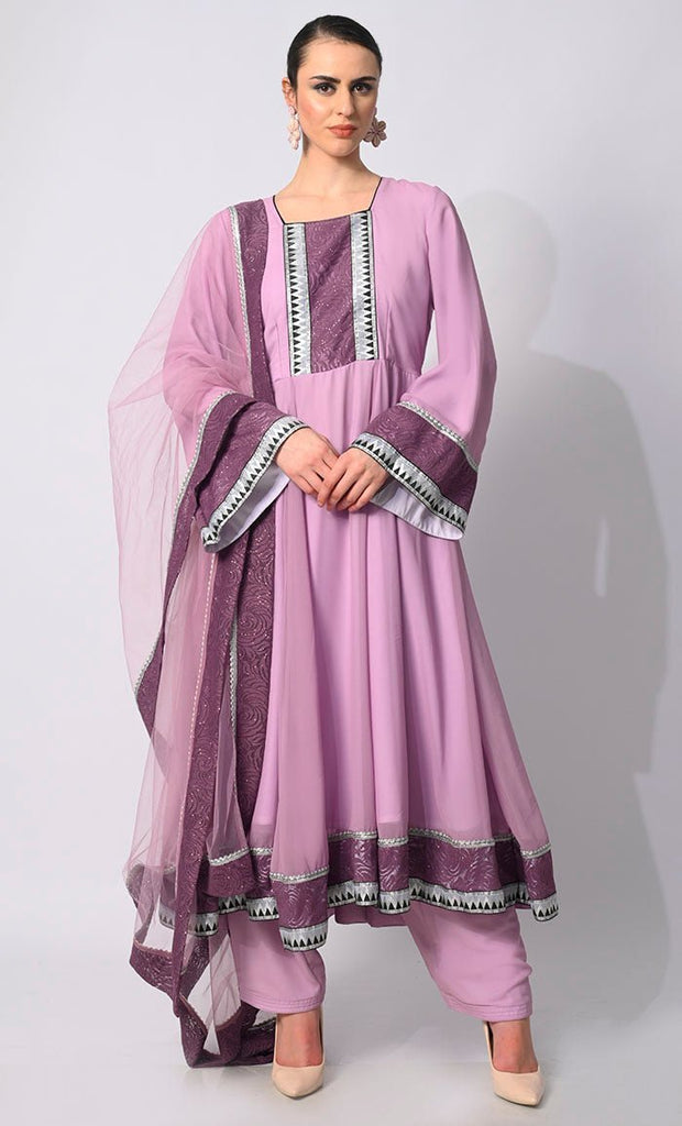 Graceful Glamour: 3 Pc Lavendar Anarkali Set with Intricate Foil Print and Lace Detailing - Final Sale - EastEssence.com