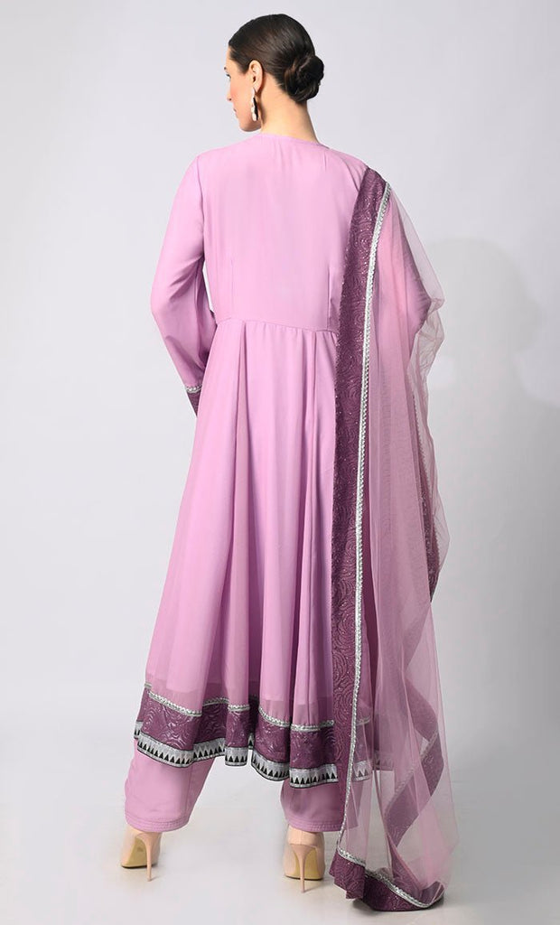 Graceful Glamour: 3 Pc Lavendar Anarkali Set with Intricate Foil Print and Lace Detailing - Final Sale - EastEssence.com