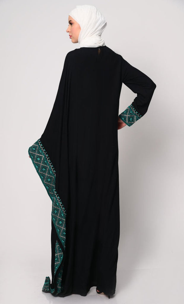 Graceful Machine Embroidered Black Kaftan Abaya with Pockets - EastEssence.com