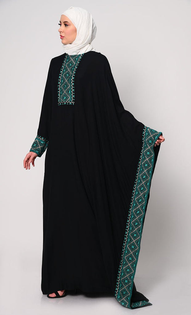 Graceful Machine Embroidered Black Kaftan Abaya with Pockets - EastEssence.com