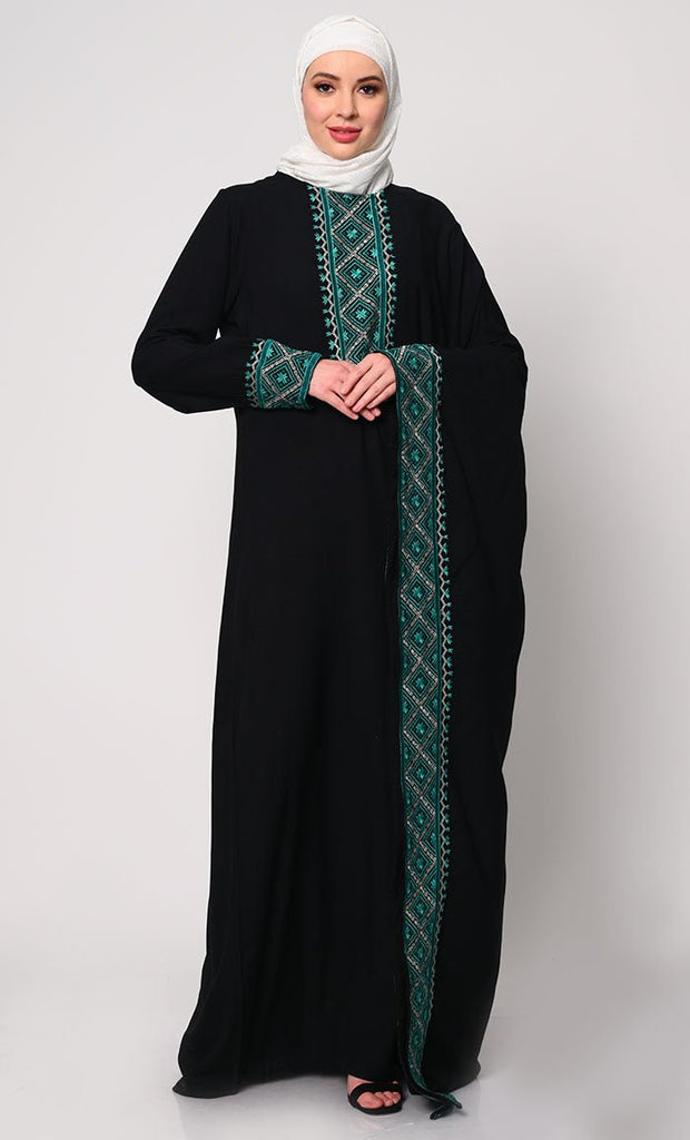 Graceful Machine Embroidered Black Kaftan Abaya with Pockets - EastEssence.com