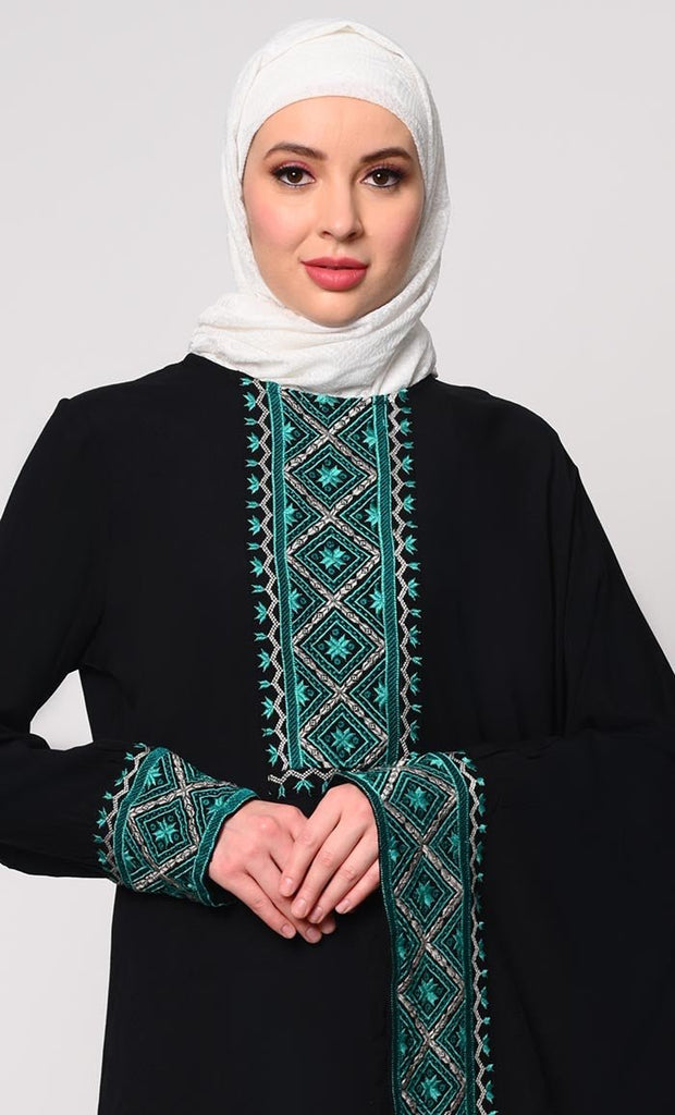 Graceful Machine Embroidered Black Kaftan Abaya with Pockets - EastEssence.com