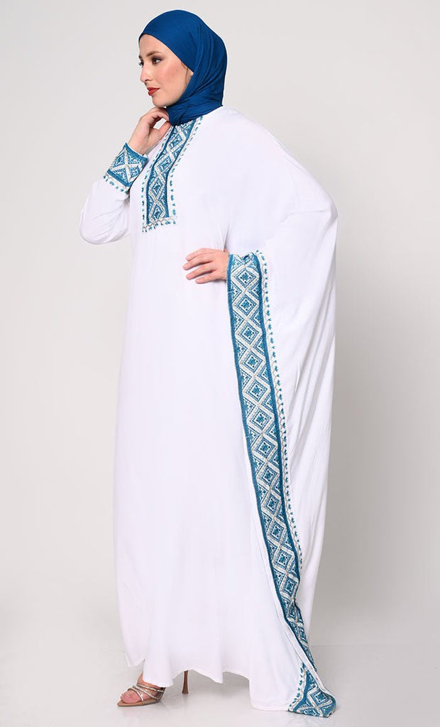 Graceful Machine Embroidered White Kaftan Abaya with Pockets - EastEssence.com