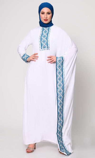 Graceful Machine Embroidered White Kaftan Abaya with Pockets - EastEssence.com