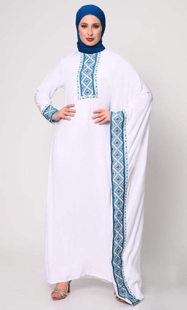 Graceful Machine Embroidered White Kaftan Abaya with Pockets - EastEssence.com