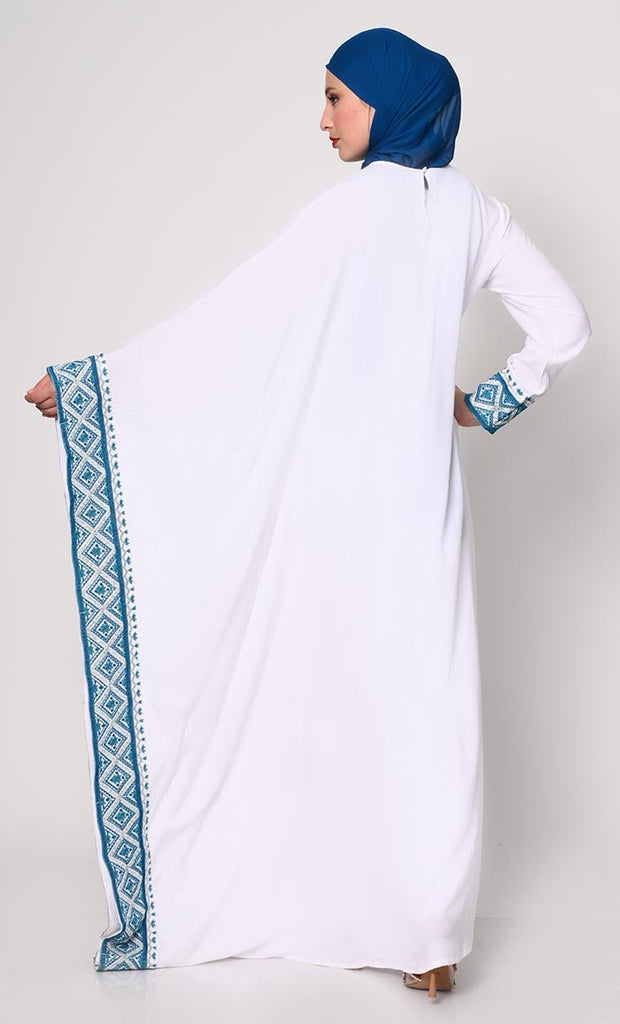 Graceful Machine Embroidered White Kaftan Abaya with Pockets - EastEssence.com