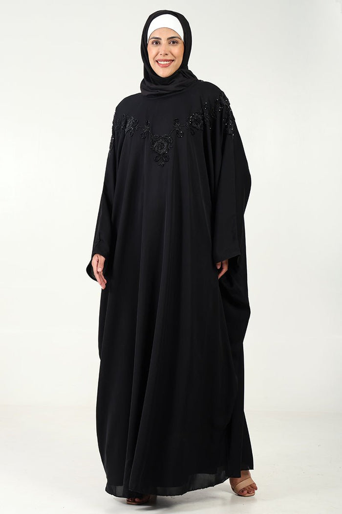 Graceful Nida Fabric Kaftan Abaya with Appliqué & Hand Embroidery - EastEssence.com