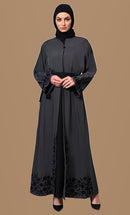 Grey Abaya with Embroidered Bell Sleeves & Hem - EastEssence.com