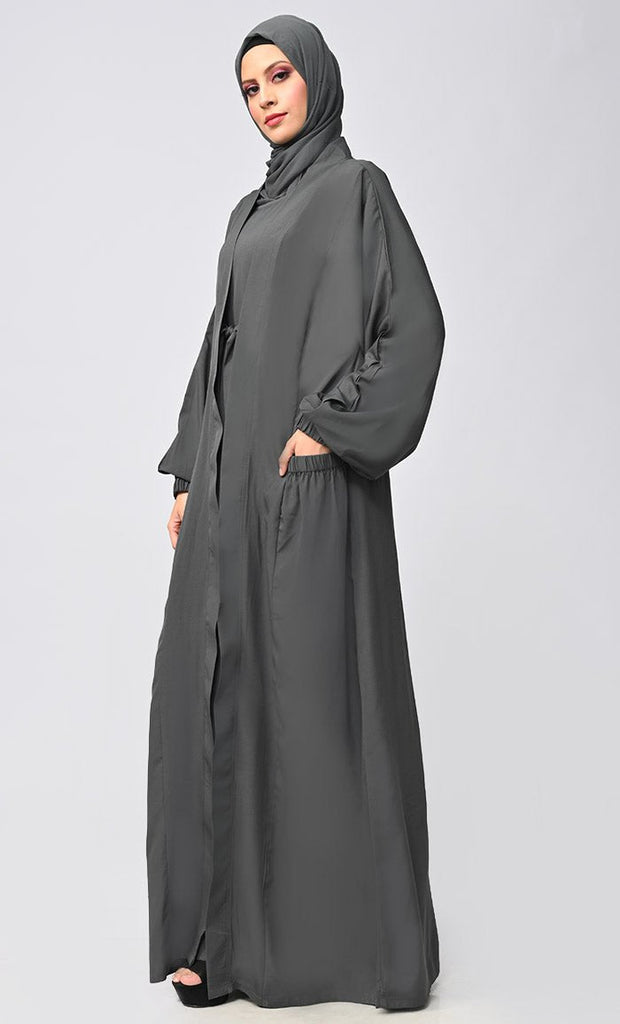 Grey Arabian Modest Abaya Shrug/Bisht Style With Inner And Belt ( Denim ) - Final Sale - EastEssence.com