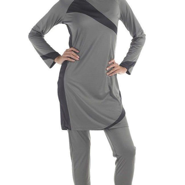 Grey Contrasting Color Panel Swimwear Burkini Two Piece Set