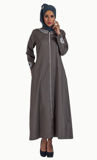 Grey Cotton Twill Full Zipper Front Open Abaya/ Jilbab Dress - EastEssence.com