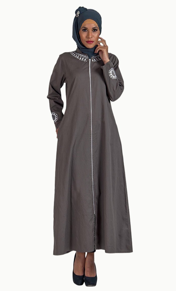 Grey Cotton Twill Full Zipper Front Open Abaya/ Jilbab Dress - EastEssence.com