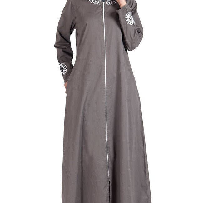 Grey Cotton Twill Full Zipper Front Open Abaya/ Jilbab Dress - EastEssence.com