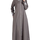 Grey Cotton Twill Full Zipper Front Open Abaya/ Jilbab Dress - EastEssence.com