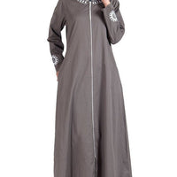 Grey Cotton Twill Full Zipper Front Open Abaya/ Jilbab Dress - EastEssence.com