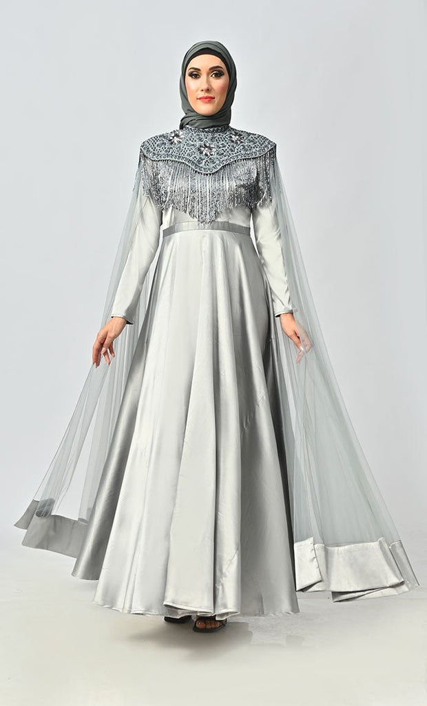 Grey Detailed Hand And Machine Embroidery Abaya With Heavy Tassels - EastEssence.com