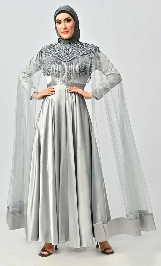 Grey Detailed Hand And Machine Embroidery Abaya With Heavy Tassels - Final Sale - EastEssence.com