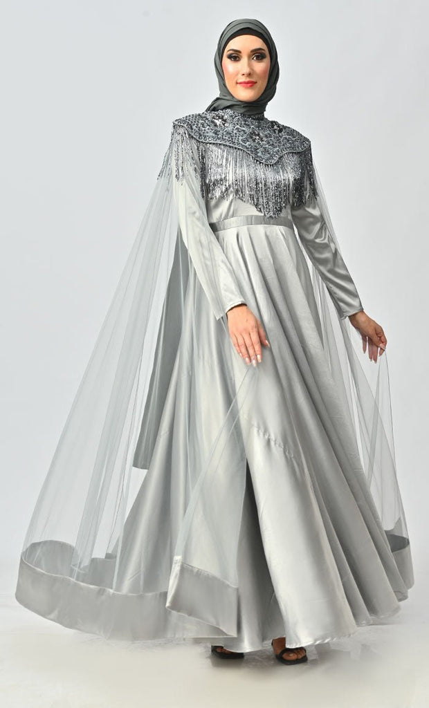 Grey Detailed Hand And Machine Embroidery Abaya With Heavy Tassels - Final Sale - EastEssence.com