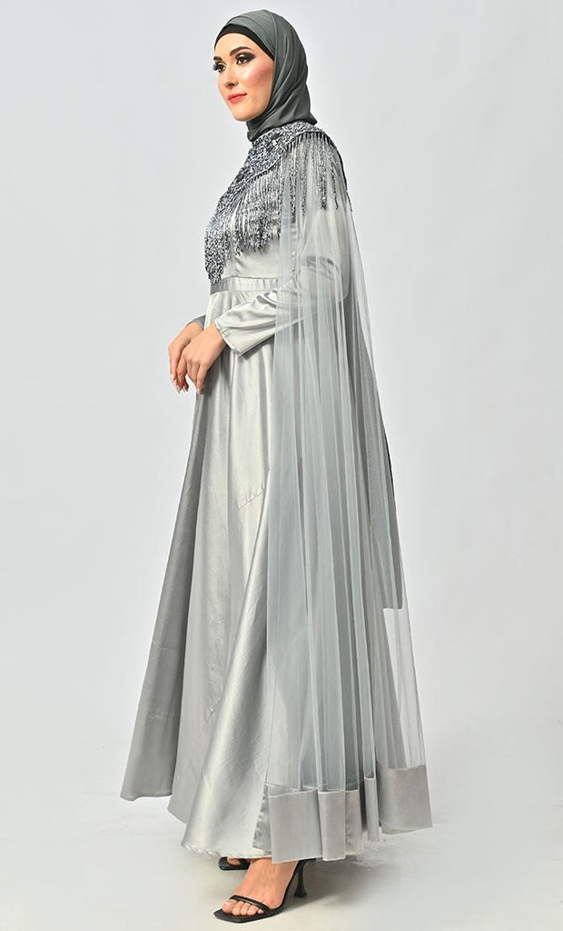 Grey Detailed Hand And Machine Embroidery Abaya With Heavy Tassels - Final Sale - EastEssence.com