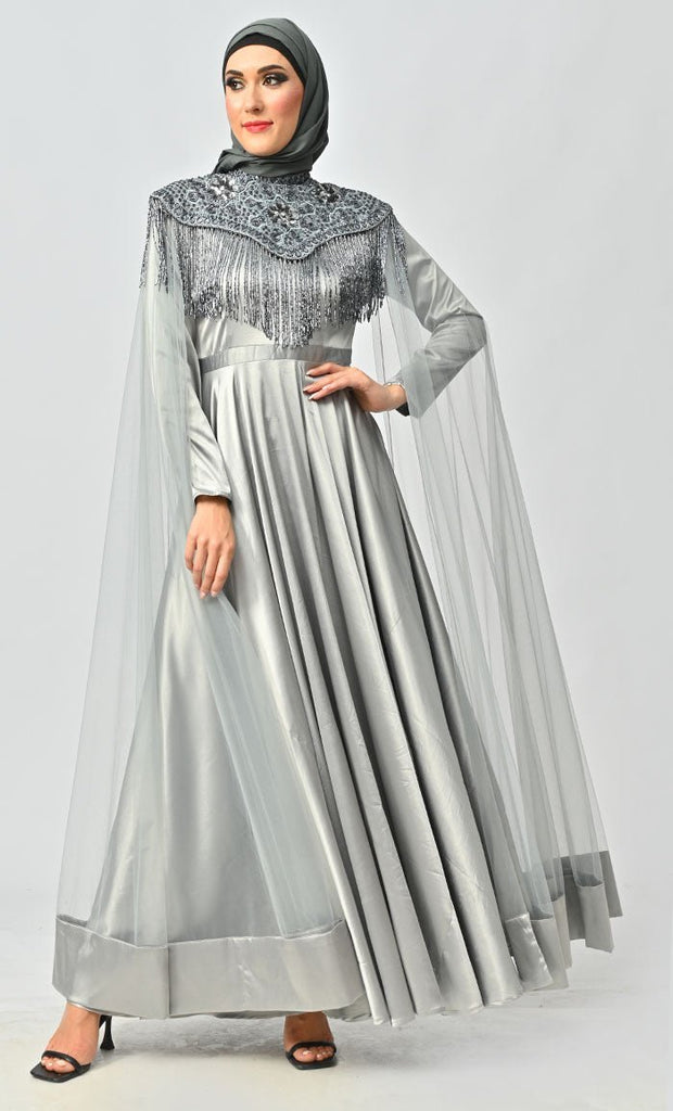 Grey Detailed Hand And Machine Embroidery Abaya With Heavy Tassels - Final Sale - EastEssence.com